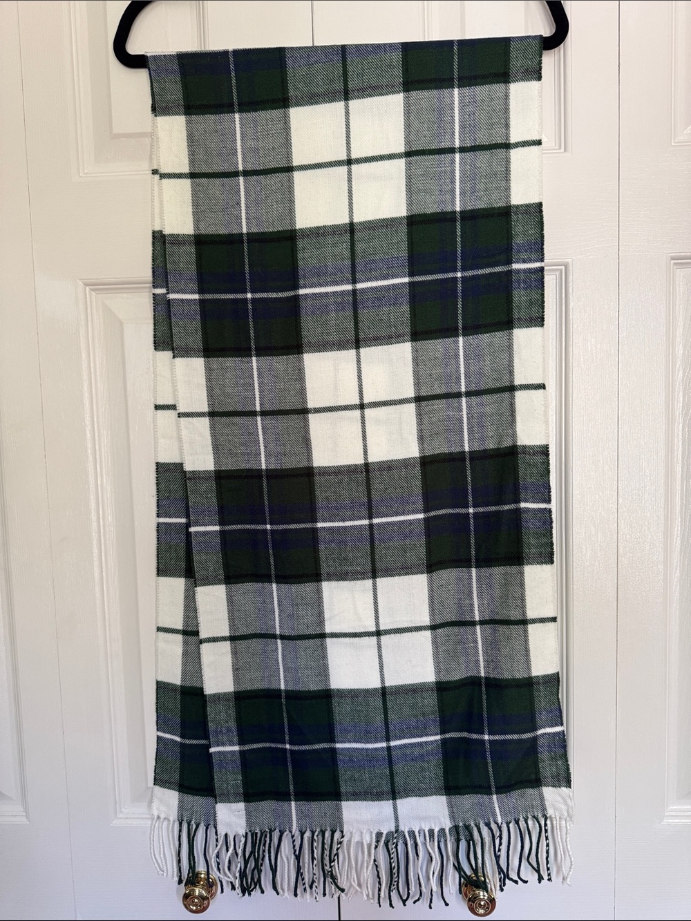 Lands' End Green, White and Blue Plaid Fringed Wrap Scarf